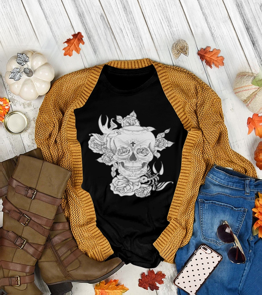 Hand Drawn Skull with Cross and Floral Elements T-Shirt