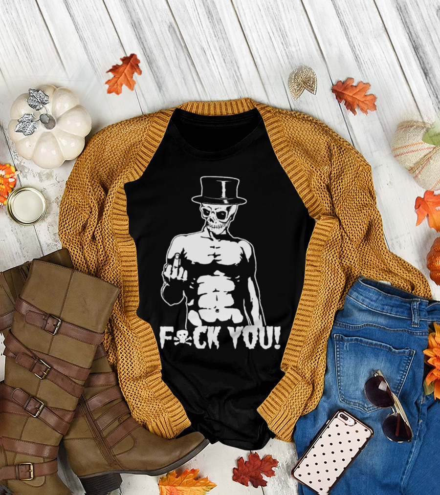Skeleton Bowler Hat F-ck You Insult Heavy Metal Gothi T-Shirt