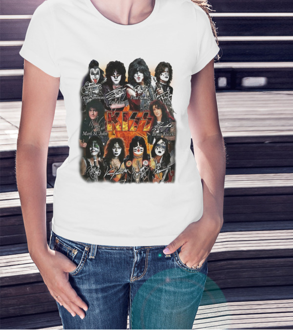 Kiss Band Members Gene Simmons Paul Stanley Peter Criss Ace Frehley Eric Carr Vinnie Vincent Mark St. John Bruce Kulick Eric Singer Thayer Signatures T-Shirt