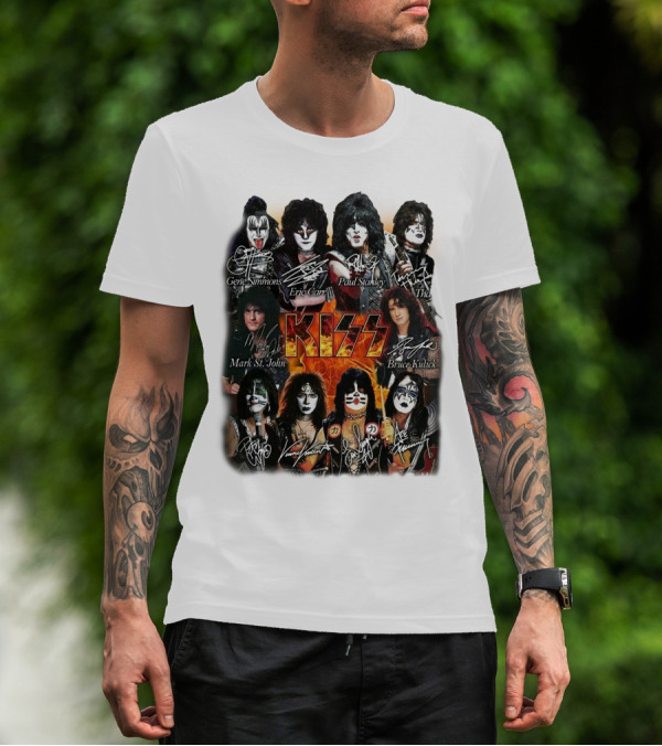 Kiss Band Members Gene Simmons Paul Stanley Peter Criss Ace Frehley Eric Carr Vinnie Vincent Mark St. John Bruce Kulick Eric Singer Thayer Signatures T-Shirt