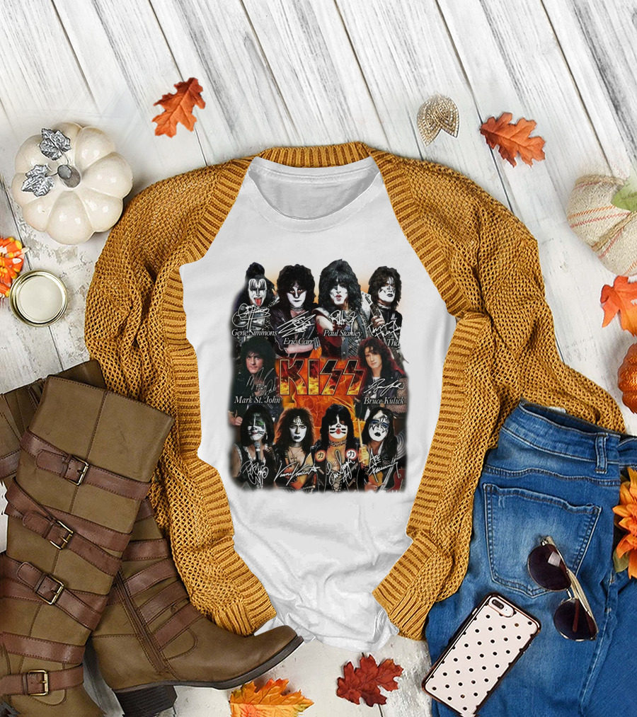 Kiss Band Members Gene Simmons Paul Stanley Peter Criss Ace Frehley Eric Carr Vinnie Vincent Mark St. John Bruce Kulick Eric Singer Thayer Signatures T-Shirt