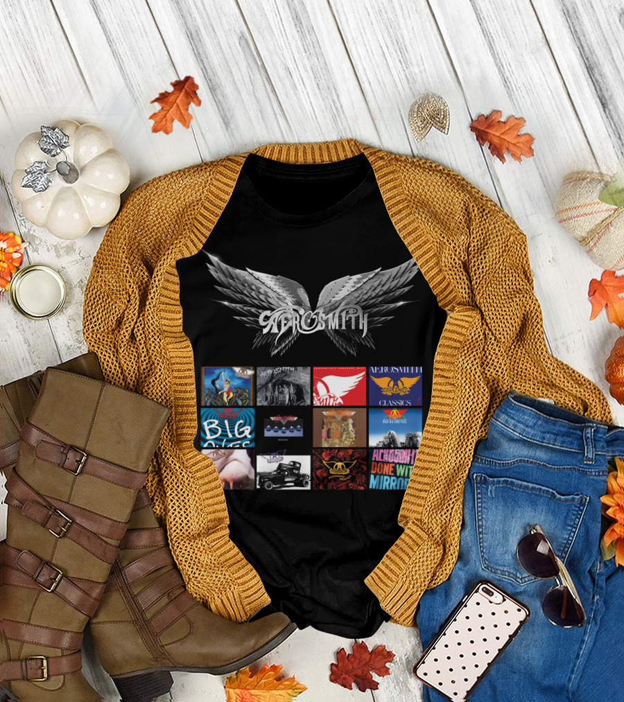 Aerosmith Wings Logo with Album Covers Collection Classics Big Ones Permanent Vacation Pump Done With Mirrors T-Shirt