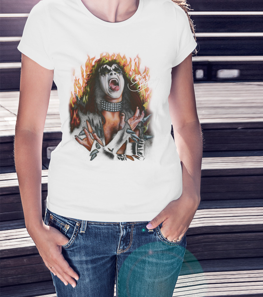 Gene Simmons Demon Makeup Fire Background T-Shirt
