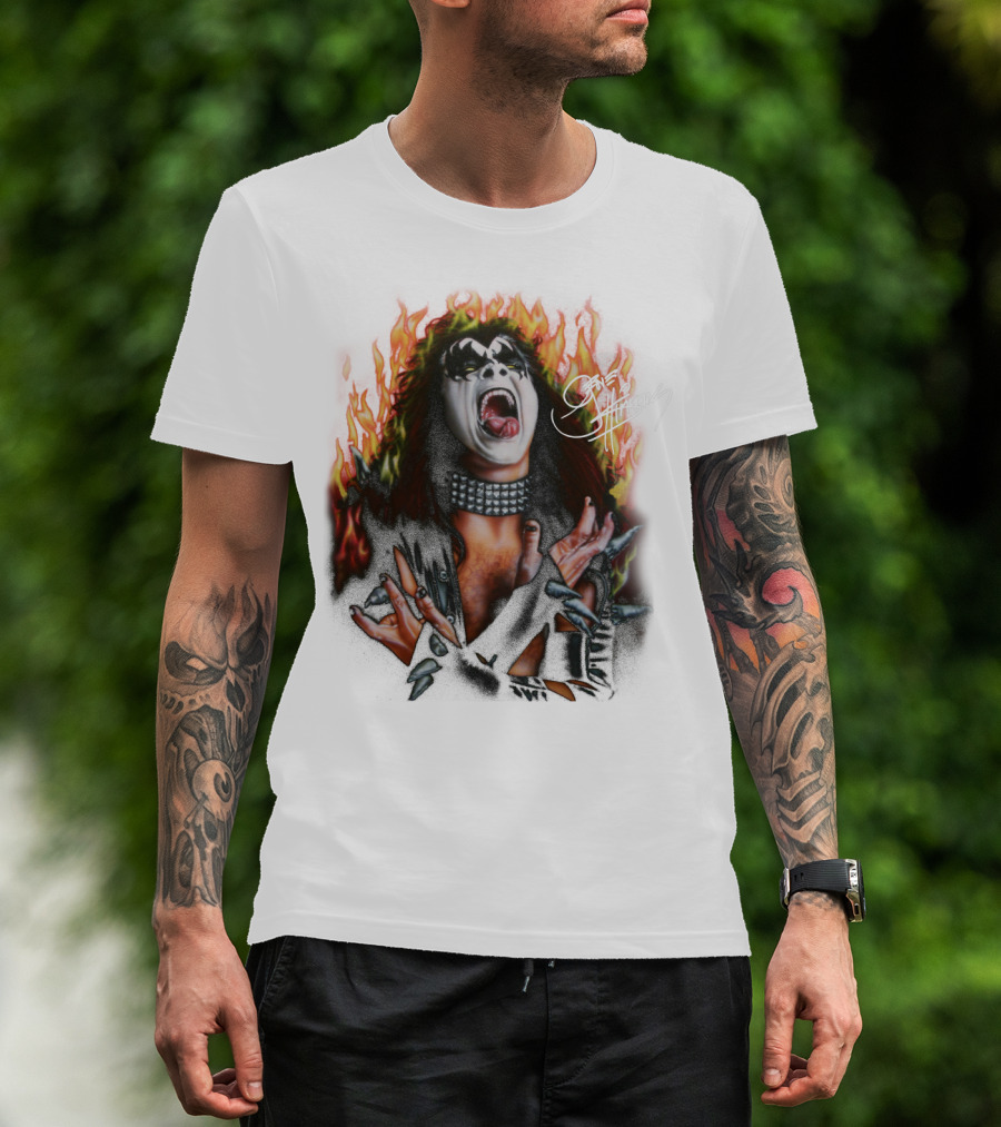 Gene Simmons Demon Makeup Fire Background T-Shirt