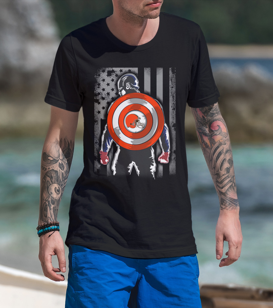 Cleveland Browns Captain America Shield USA Flag Backdrop T-Shirt