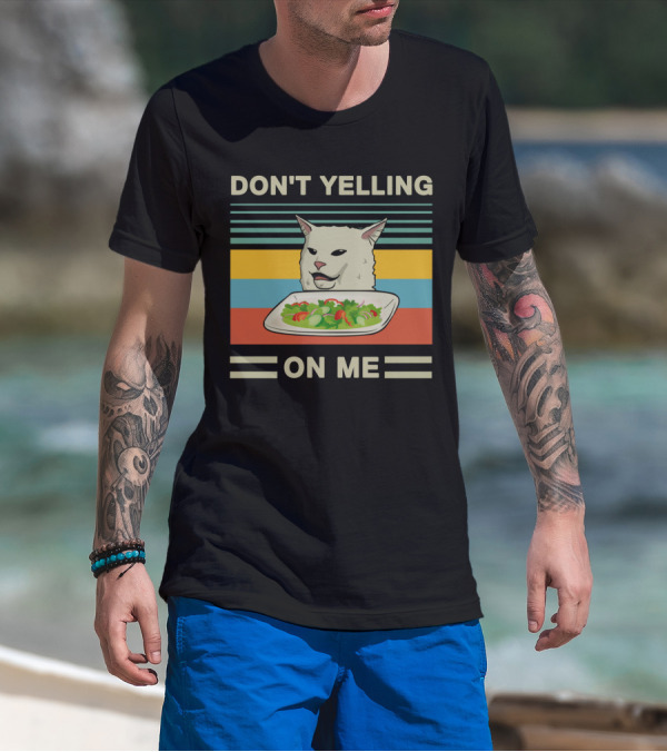 DON'T YELLING ON ME Cat Meme With Salad And Retro Stripes T-Shirt
