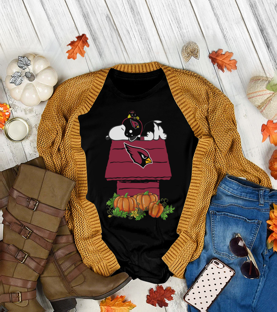 Arizona Cardinals Snoopy on Doghouse with Pumpkins T-Shirt