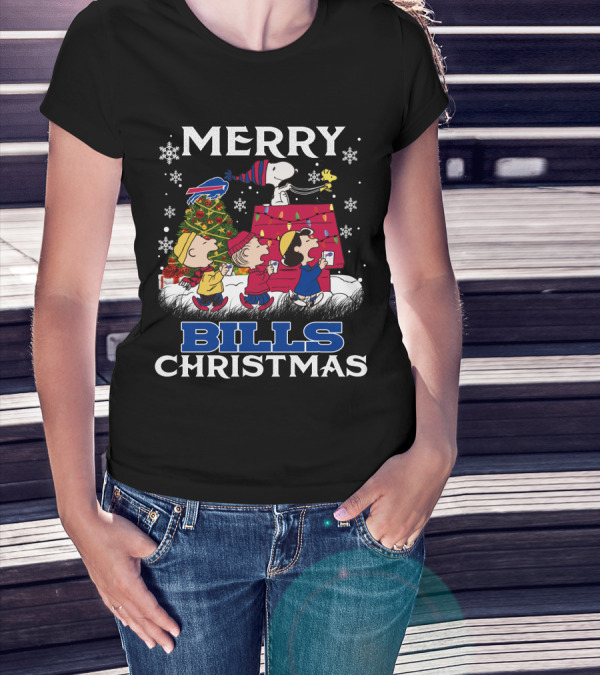 Buffalo Bills Snoopy Merry Christmas With Peanuts Characters And Festive Tree T-Shirt