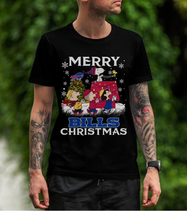 Buffalo Bills Snoopy Merry Christmas With Peanuts Characters And Festive Tree T-Shirt