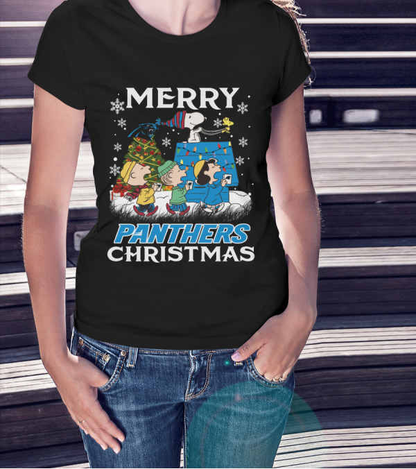 Merry Panthers Christmas Snoopy And Friends Holiday Scene T-Shirt