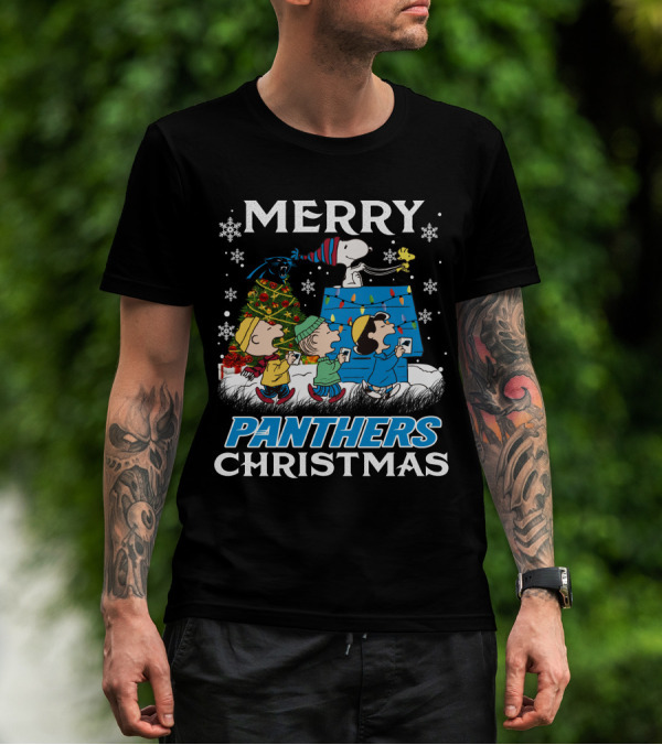 Merry Panthers Christmas Snoopy And Friends Holiday Scene T-Shirt