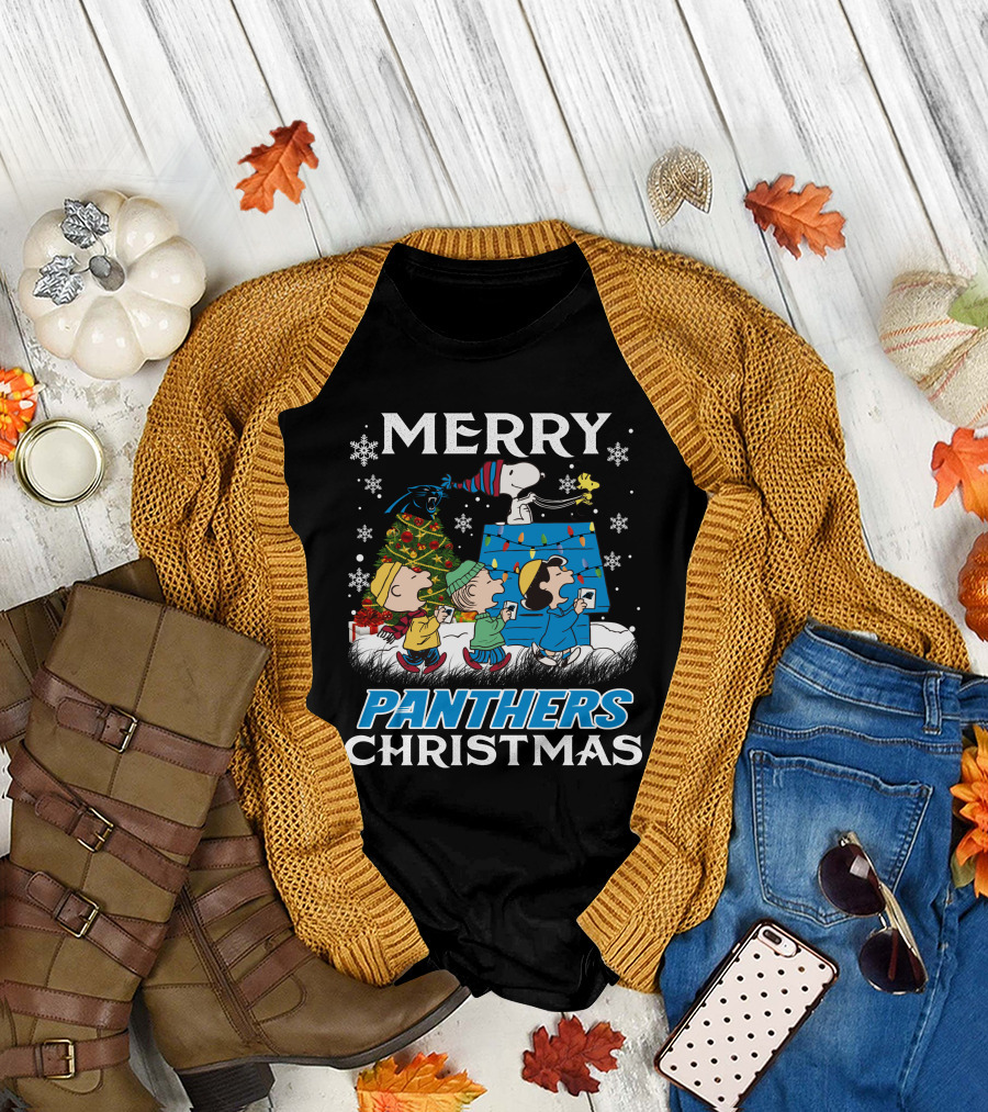 Merry Panthers Christmas Snoopy and Friends Holiday Scene T-Shirt
