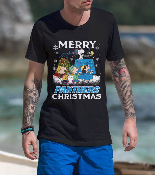 Merry Panthers Christmas Snoopy And Friends Holiday Scene T-Shirt