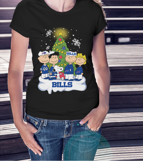 Snoopy And Peanuts Characters Celebrating With Buffalo Bills Christmas Tree T-Shirt