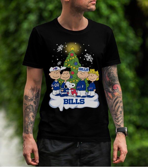 Snoopy And Peanuts Characters Celebrating With Buffalo Bills Christmas Tree T-Shirt