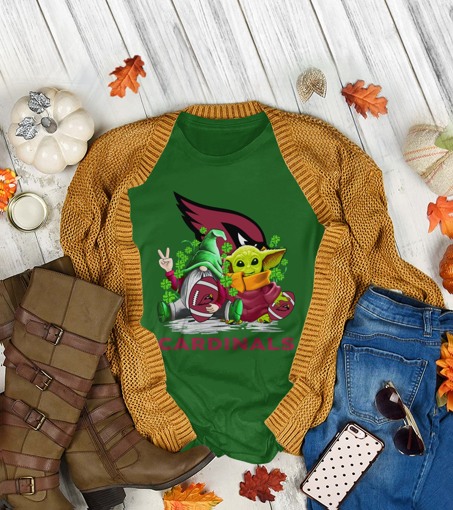 Arizona Cardinals Football Patrick's Day Gnome and Baby Alien with Shamrocks T-Shirt