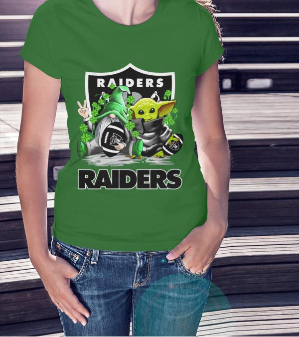 Raiders St. Patrick’s Day Football Gnome And Baby Alien With Clover Footballs T-Shirt