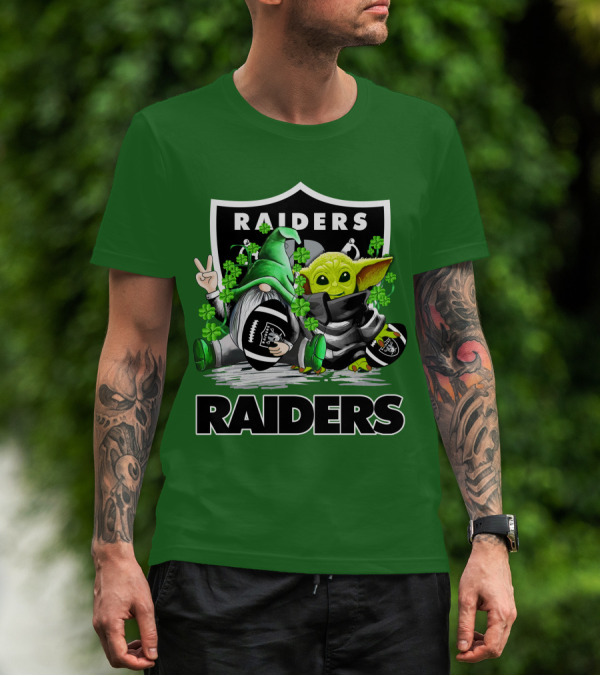 Raiders St. Patrick’s Day Football Gnome And Baby Alien With Clover Footballs T-Shirt