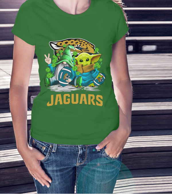 Jacksonville Jaguars St. Patrick's Day Gnome And Baby Alien Football With Shamrocks T-Shirt