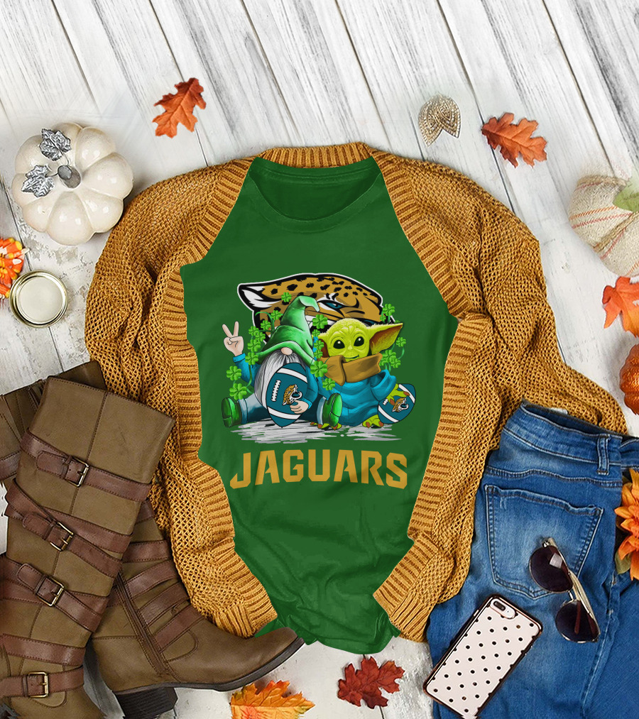 Jacksonville Jaguars St. Patrick's Day Gnome and Baby Alien Football with Shamrocks T-Shirt