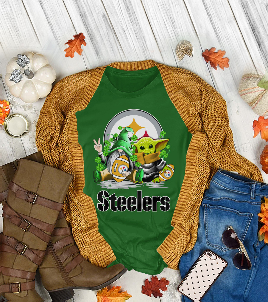 Steelers St. Patrick's Day Football Gnome and Baby Yoda with Shamrocks T-Shirt
