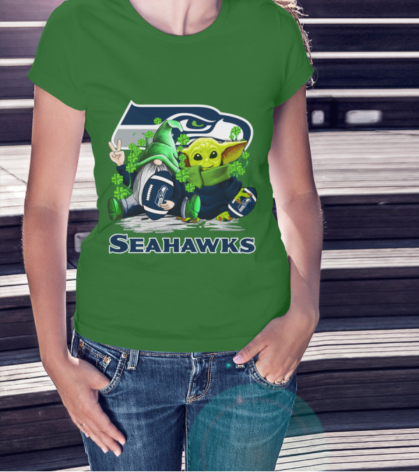 Seattle Seahawks St. Patrick's Day Gnome And Baby Yoda Football T-Shirt