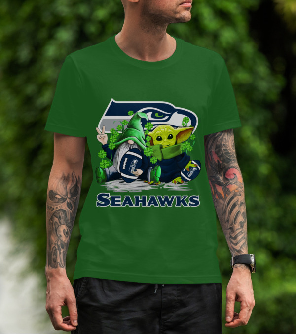 Seattle Seahawks St. Patrick's Day Gnome And Baby Yoda Football T-Shirt