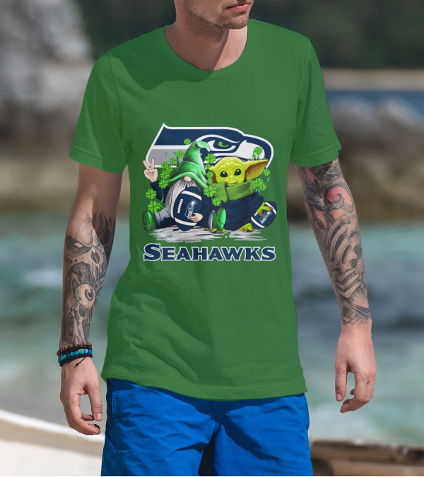 Seattle Seahawks St. Patrick's Day Gnome And Baby Yoda Football T-Shirt