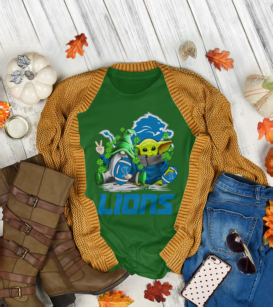 Detroit Lions St. Patrick's Day Gnome and Yoda Football T-Shirt