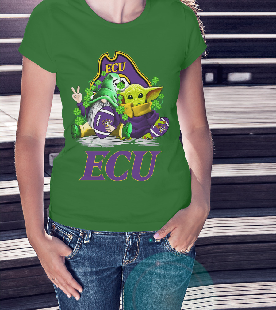 ECU East Carolina Pirates Football St. Patrick's Day Celebration With Gnome And Baby Alien T-Shirt