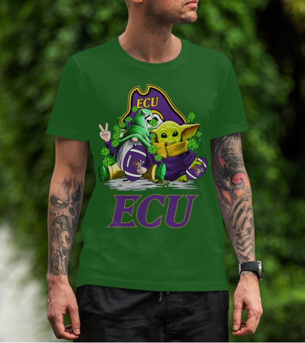 ECU East Carolina Pirates Football St. Patrick's Day Celebration With Gnome And Baby Alien T-Shirt