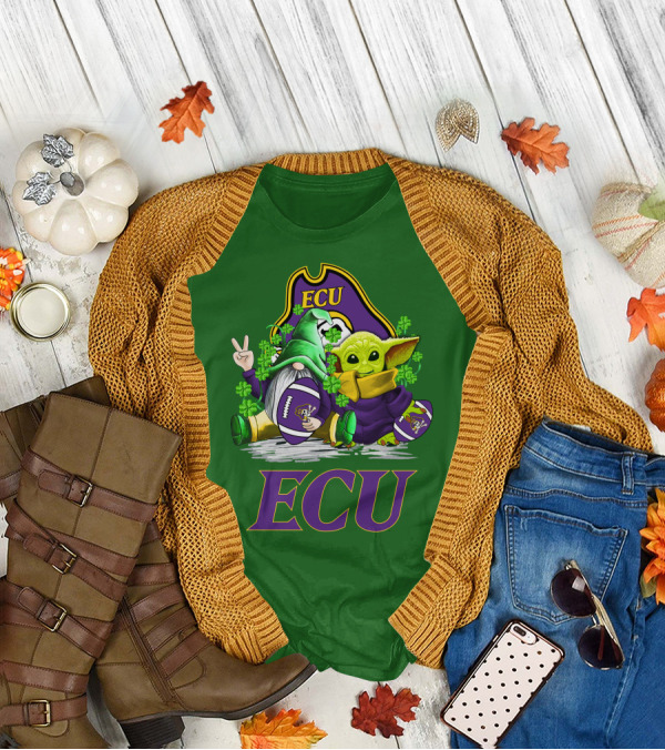 ECU East Carolina Pirates Football St. Patrick's Day Celebration With Gnome And Baby Alien T-Shirt