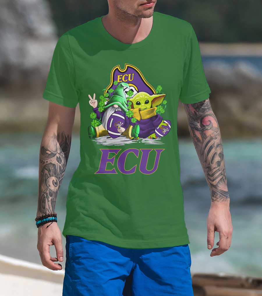 ECU East Carolina Pirates Football St. Patrick's Day Celebration With Gnome And Baby Alien T-Shirt
