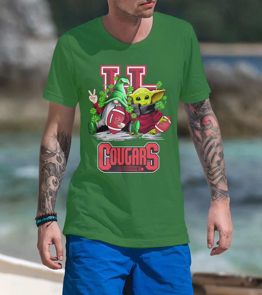 Houston Cougars St. Patrick's Day Football With Gnome And Green Character T-Shirt