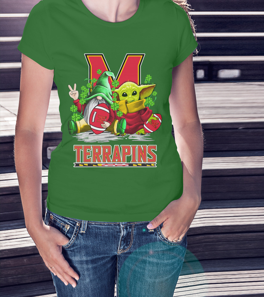 Maryland Terrapins Football St. Patrick's Day Gnome And Baby Yoda T-Shirt