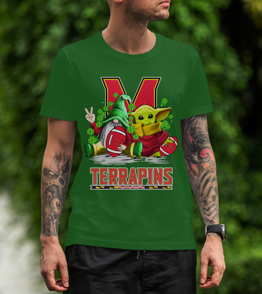 Maryland Terrapins Football St. Patrick's Day Gnome And Baby Yoda T-Shirt