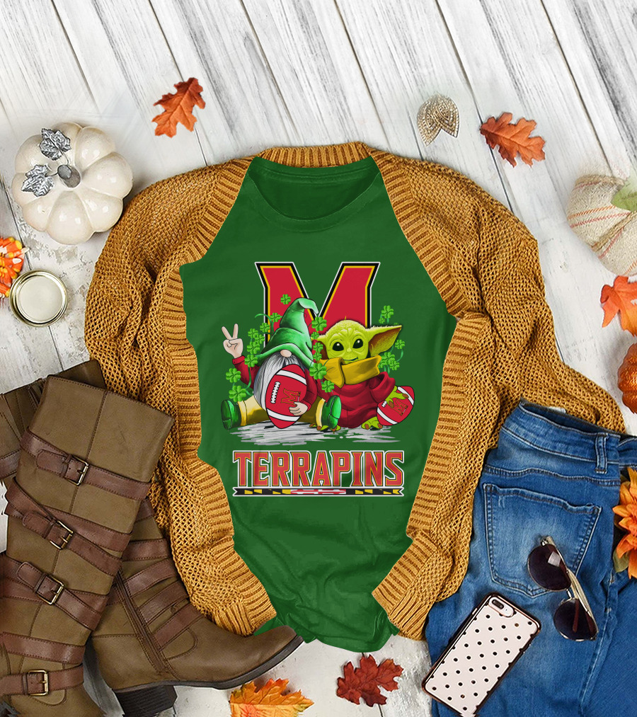 Maryland Terrapins Football St. Patrick's Day Gnome and Baby Yoda T-Shirt