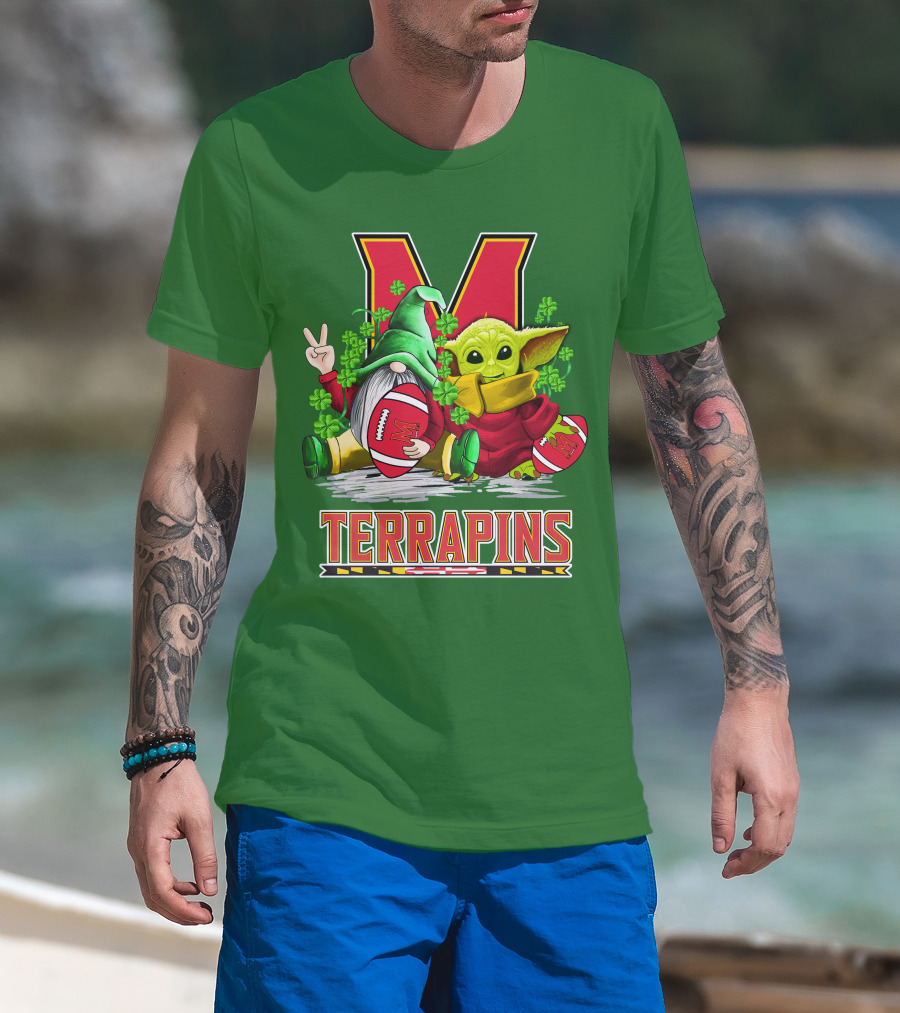 Maryland Terrapins Football St. Patrick's Day Gnome And Baby Yoda T-Shirt