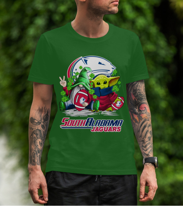 South Alabama Jaguars Football St. Patrick's Day Gnome And Baby Alien With Shamrocks T-Shirt