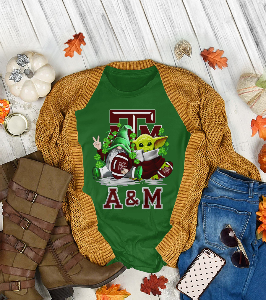 Texas A&M Aggies Football St. Patrick’s Day Gnome and Baby Alien with Shamrocks T-Shirt
