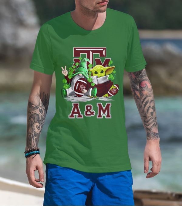 Texas A&M Aggies Football St. Patrick’s Day Gnome And Baby Alien With Shamrocks T-Shirt