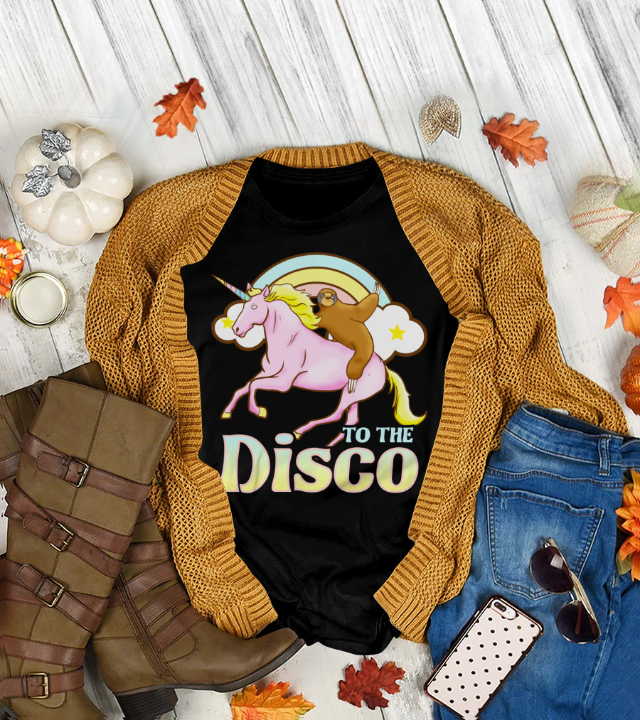 To The Disco Sloth Riding a Pink Unicorn with Rainbow and Stars T-Shirt