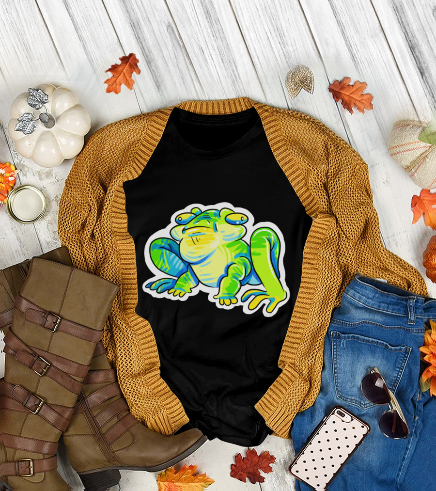 Green and Blue Cartoon Frog with Bewildered Expression T-Shirt