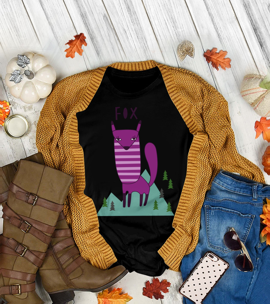 Purple Fox in Striped Style with Forest Landscape T-Shirt