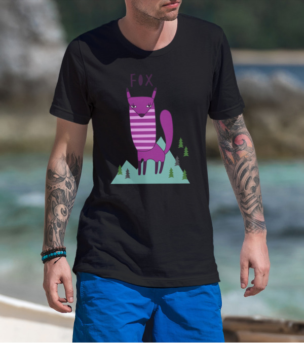 Purple Fox In Striped Style With Forest Landscape T-Shirt