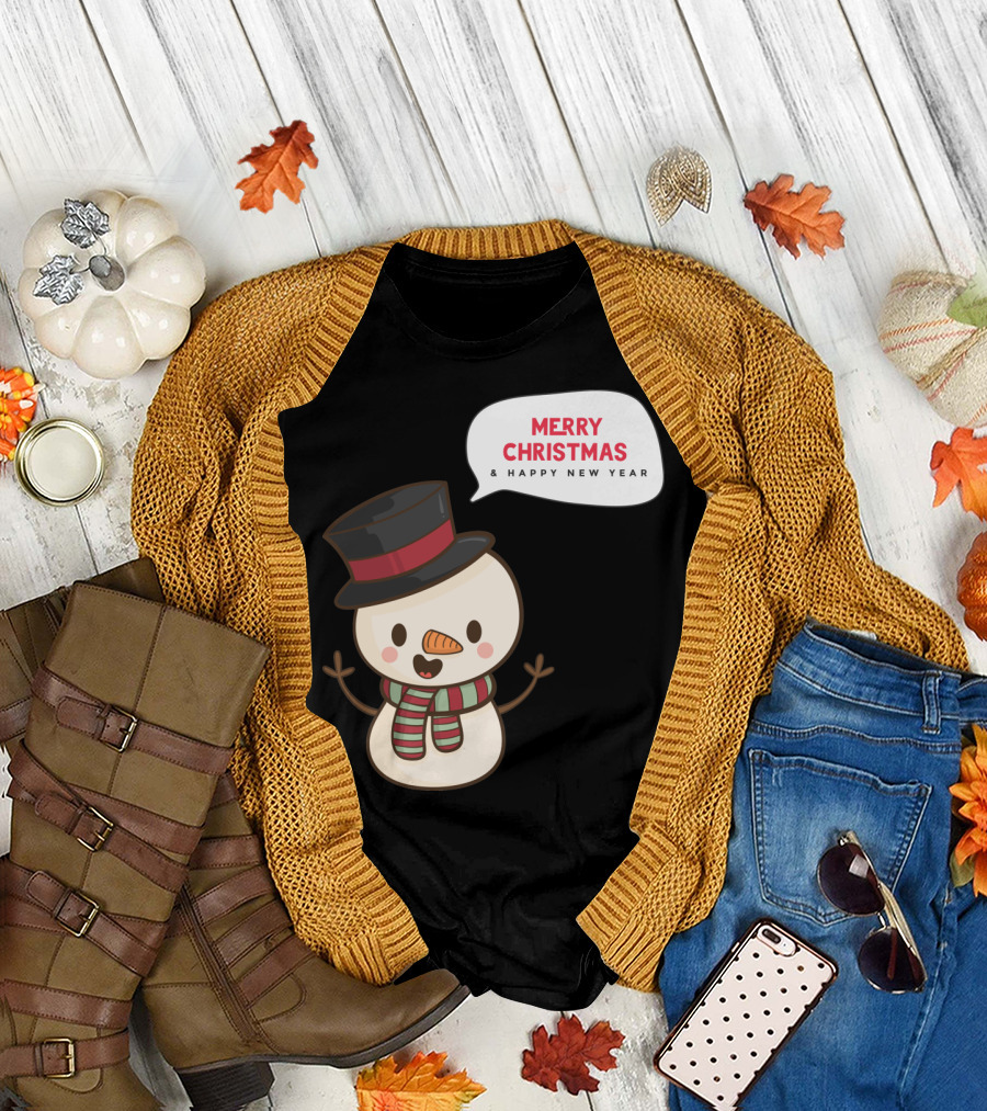 Merry Christmas and Happy New Year Snowman Illustration with Top Hat and Scarf T-Shirt