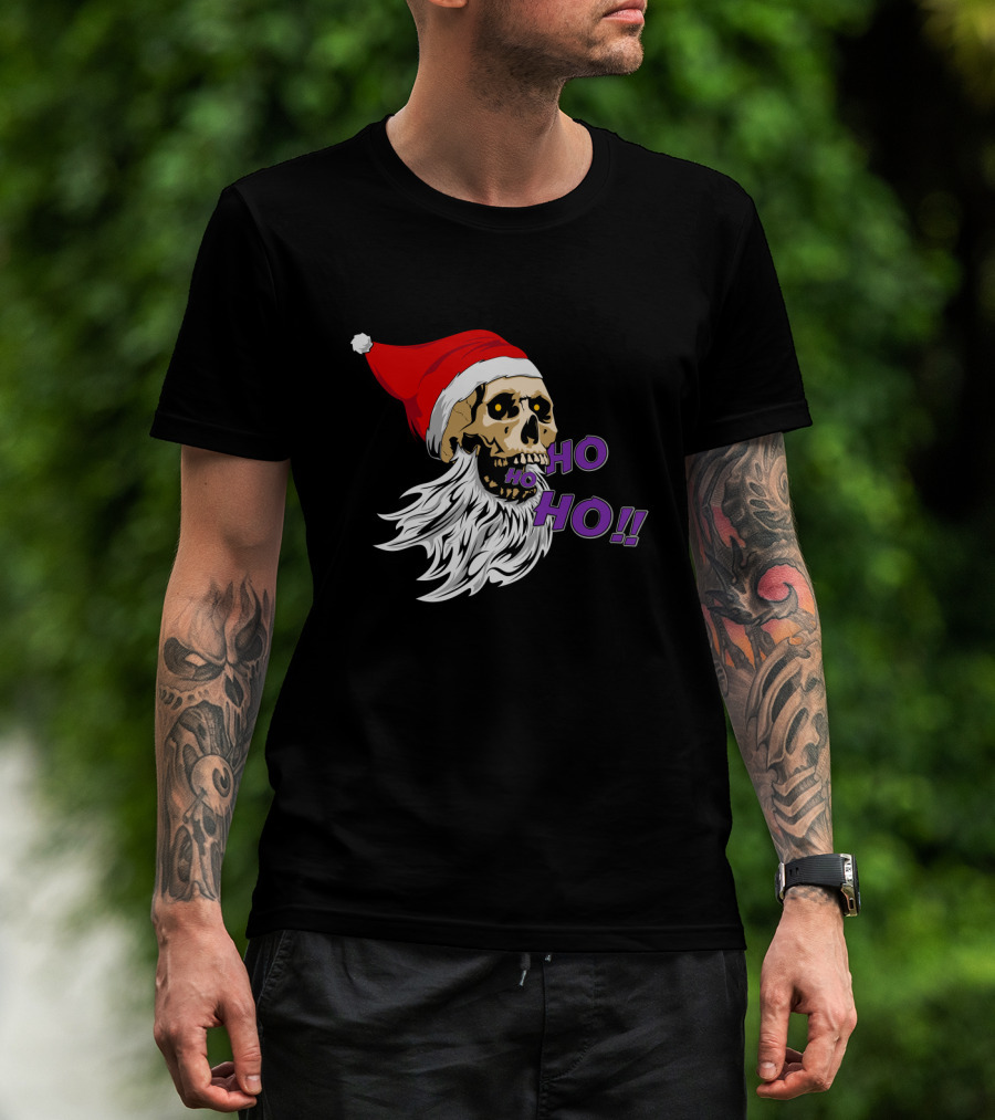 Bad Santa Skull With Santa Hat And Ho Ho Ho Text T-Shirt