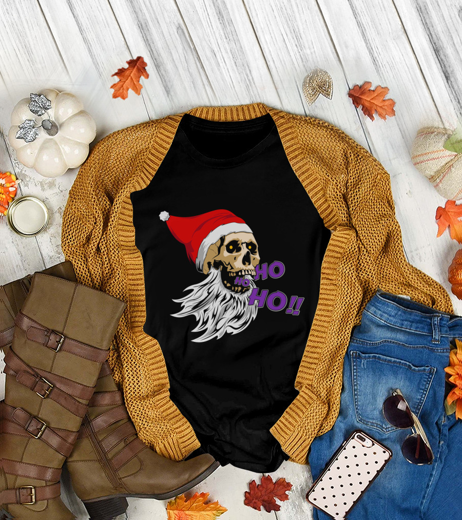 Bad Santa Skull With Santa Hat And Ho Ho Ho Text T-Shirt