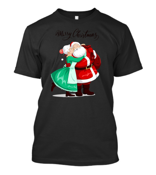 Merry Christmas Santa Claus And Mrs. Claus Embracing Holiday Scene T-Shirt
