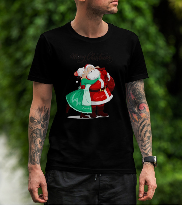 Merry Christmas Santa Claus And Mrs. Claus Embracing Holiday Scene T-Shirt